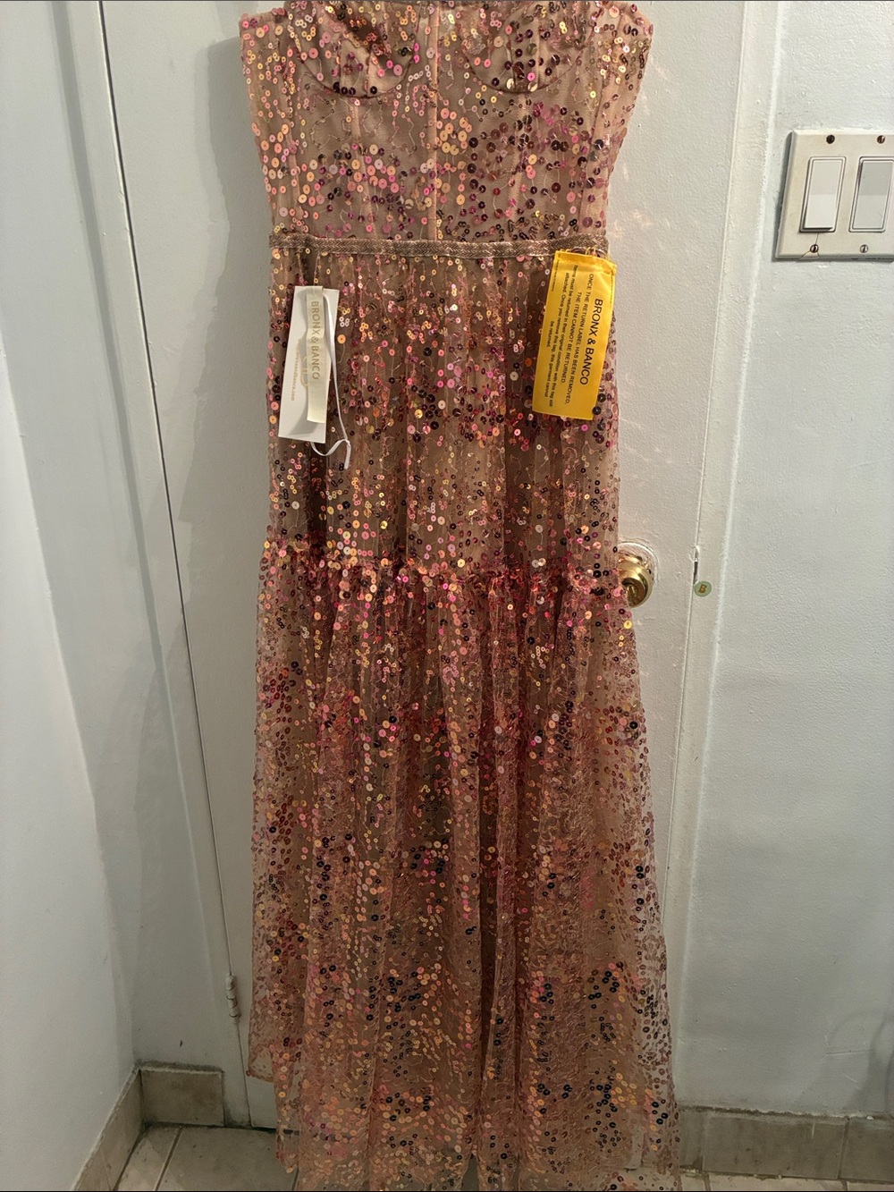 Bronx and Banco Rosegold Sequin Strapless Tiered Gown
